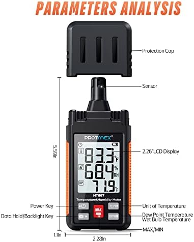 Protmex HT607 Temperature Humidity Meter High Precision Digital Hygrometer with Ambient, Relative Humidity, Dew Point, Wet Bulb Thermometer, Min/Max Hold, LCD Backlight with Cover Protector