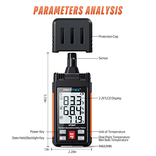 Miniatura 3 de Ht607 Medidor De Temperatura Y Humedad De Alta Precisión Con Temperatura Ambiente, Humedad Relativa, Punto De Rocío, Termómetro De Bulbo Húmedo, Retención Mín. Máx., Retroiluminación Lcd