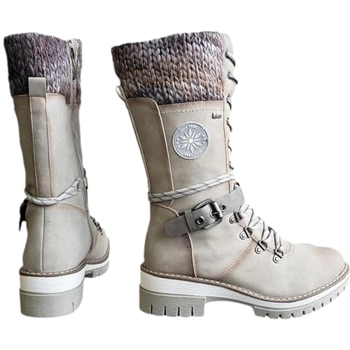 Women's Round Toe Low Heel Non-slip Lace up Mid Calf Motorcycle Side Zipper Combat Cowboy Riding Boots2