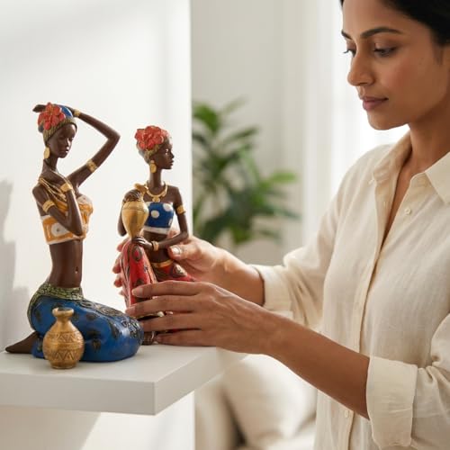 Image of Amazon Basics Vibrant Tribal Lady Figurine Set for Home & Office Decor | Artistic Cultural Sculpture Showpieces for Living Room, Shelf, Console & Study Table Styling (Multicolor, 23 cm)