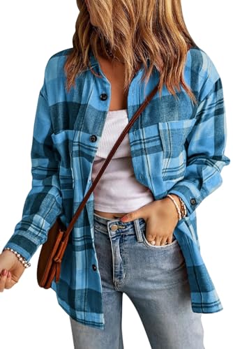 HERILIOS Womens Casual Flannel Plaid Shirts Oversized Lightweight Fall Shirt Coat Long Sleeve Button Down Shirts Blouse Tops Blue