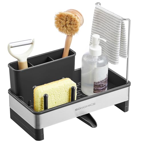 SONGMICS Organisateur Évier de Cuisine, Porte-Accessoires pour Évier avec Porte-éponge, pour Brosses, Chiffons, Savon, en Acier Inoxydable, Bec Rotatif,...