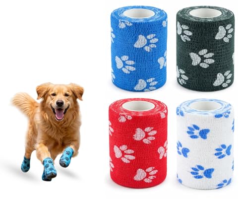 Image of Dog Bandage Cohesive Wrap for Paw & Leg | 7.5cm x 4.5m - Pack of 4 | Easy Tear, Fur Safe | Self Adhesive Elastic Vet Tape for Walking Protection, Wound Care & Licking Prevention Bandage Roll