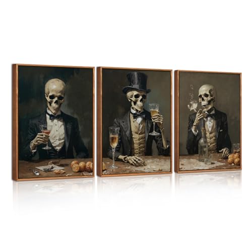 HPNIUB Halloween Skeleton in Suit Wall Art Gentleman Skeleton Poster Gothic Home Bar Decor - Vintage Framed Canvas Wall Art Halloween Party Decorations for Man Cave, Lounge, Pub 30x40cm