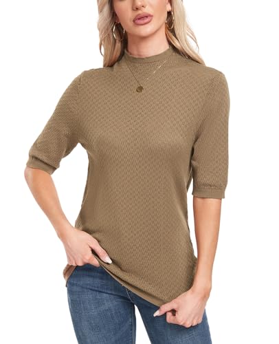 Image of MINTLIMIT Womens Turtleneck Sweaters Short Sleeve 2024 Fall Winter Casual Texture Shirt Blouse Knit Pullover Sweater