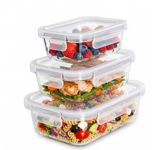 Image of Essentia Glass Lunch Box Borosilicate Container with Leakproof 4-Way Lock Lid, Removable Silicone Gasket, Microwave & Freeze Safe, Dishwasher Safe (1x370ml + 1x640ml + 1x1050ml)