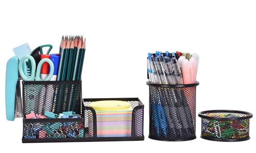 Freewindo Mesh Desk Organizer, Set of 3 Pen Holder Office Desk Accessories with Pencil Holder Sticky Note Holder, Pencil Cup and Paperclips Cup