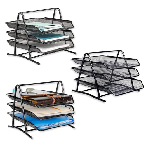 GoodWill Tech™ Pack of 3 Desk File Tray, 3 Tier Metal Mesh A4 Files/Documents/Papers/Folders Holder Desk Organizer –(Black)