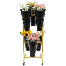 Flower Display Stand with 6 Buckets 2 Layer Flower Cart Display Stand W/wheels, Moving Floral Flower Bucket Stand Indoor Outdoor Plant Flower Stand Holder Organizer for Patio Balcony Garden