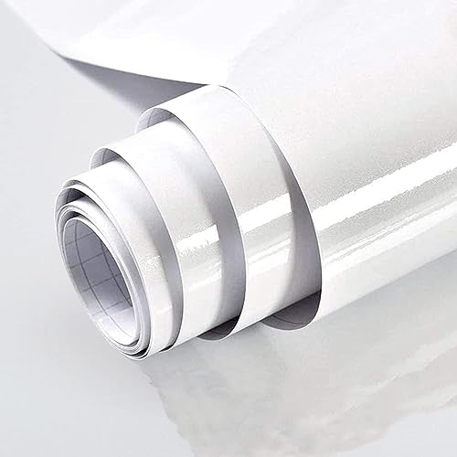 Image of WISDOM White Wallpaper Stickers Contact Paper Decorative for Cabinets Countertops Kitchen Shelves Glossy Self Adhesive Film Peel and Stick Waterproof Removable Wallpaper (2Feet x 40Feet)