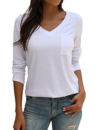 Tobrief Womens T Shirts Long Sleeve V Neck Loose Casual Basic Tee Tops (M, White-5)