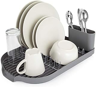 Tower T847000 Compact Dish Rack with Cutlery Rack, Draining Tray, Chrome Plated Stainless Steel, Easy Clean, Grey , 32 x 45 x 13 cm