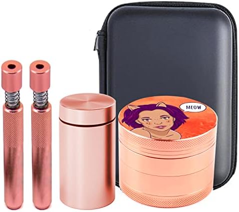 Herb Grinder Set, Spespo Spice Grinder Metal Zinc Alloy 4 Piece 2.0 inch(5cm) Pink Cat Girl Pattern with Metal Pipes and Sealed Jar and Portable Case, Grinder Gift Set for Lady and Women