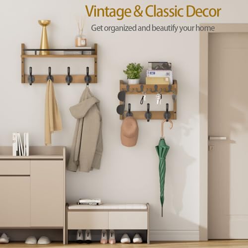 Image of 29 inch Coat Rack Wall Mount with Shelf, Entryway Wall Shelf with Hooks, Heavy Duty Coat Hanger Wall Mount with Key Holders and Mail Organizer for Living Room, Bedroom, Brown