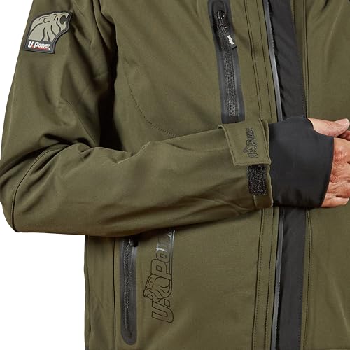 U-Power Space, Giacca Softshell, Con Cappuccio Staccabile, Tasche Ampie, Zip Intera, Antivento, Impermeabile, Tessuto Resistente, Confortevole (Dark Green - L) - 2