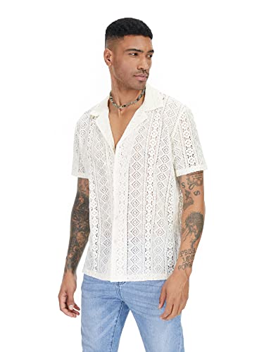 Astoseu Mens Lace Shirt Short Sleeve Floral Sheer Button Down Holiday Hollow Out See Through Shirt Beige M #TOP1