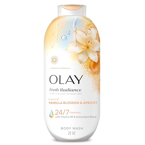 Olay Body Wash for Women, Fresh Radiance, 24/7 Skin-Loving Freshness, Visibly Radiant, Plant Based Cleansers, Vitamin B3 & Antioxidant Blend, All Skin Types, Vanilla Blossom & Apricot Scent, 22 fl oz