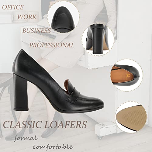 MOOMMO Black High Heels Pumps Round Closed Toe Slip On Dress Loafers Shoes Chunky Block Heel Snake Skin Classic Office Work Pump Matte Leather Ladies Formal Business Wedding Matte Black 82