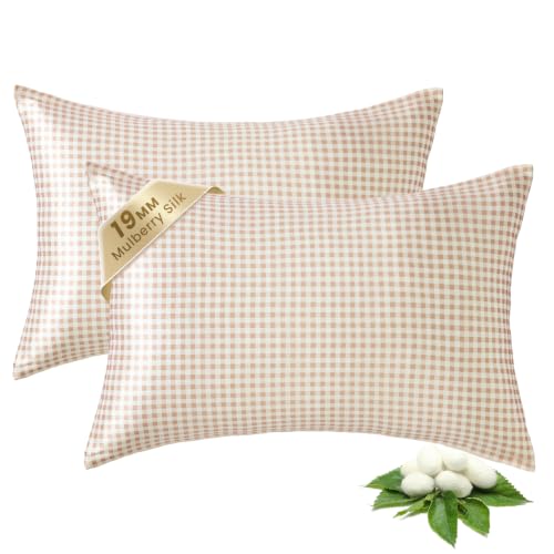 Image of THXSILK Set of 2 Mulberry Silk Pillowcase for Hair and Skin, Cooling Bed Pillow Cover with Hidden Zipper, Soft Smooth Print Silk Pillowcase Gifts for Women Men Standard 20 inchx26 inch, Khaki Plaid