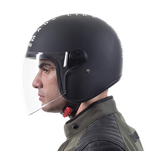 Image of Royal Enfield Open Face MLG Riding Helmet with Clear Visor Impact Protection, Excellent Scratch Resistance, Anti-Microbial Fabric Matt Black & White, Size: M (58Cm)