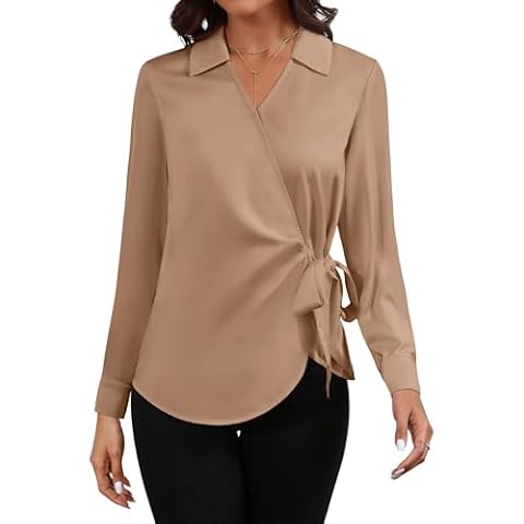 JMITHA Satin Silk Blouse for Women Dressy Casual Wrap Tie Front Long Sleeve Shirt Pullover Top (Medium, Khaki) Cover