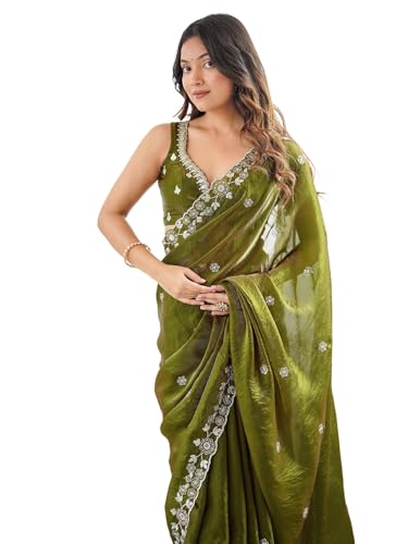 Satrani Women's Tissue Silk Scalloped Border Sequins Embroidery S...