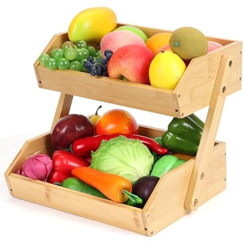 LepoHome 2 Tier Bamboo Fruit Basket, Large Bamboo Fruit Bowl Holder Stand for Kitchen Counter Organizer Vegetable Bread Snack, 15 mm Thickness, Fruits Shop (Self-assembly) Cover