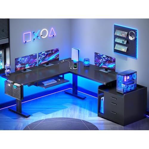 SEDETA L Shaped Electric Standing Desk with File Cabinet, 63 x 53'' Height Adjustable Home Office Computer Desk with Drawers, Power Outlet, Stand up G