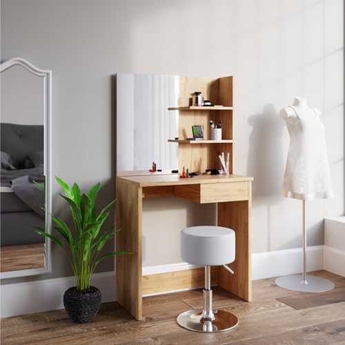 Vicco Schminktisch Dekos, Kosmetiktisch mit Spiegel, Goldkraft Eiche, 75 cm mit Hocker