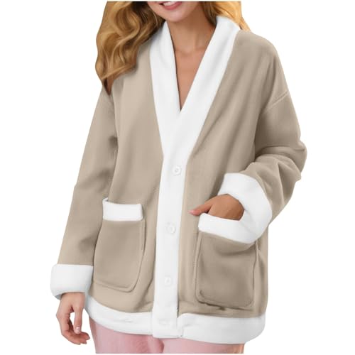 Haut de nuit pelucheux en flanelle pour femme avec col en V boutonné