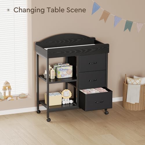 YeTom Changing Table Dresser, Baby Dresser with 3 Drawers and 2 Shelves, Multi-Functional Baby Changing Table with Pad, Classic Nursery Dresser, Diaper Changing Station for Children\'s Room, Black