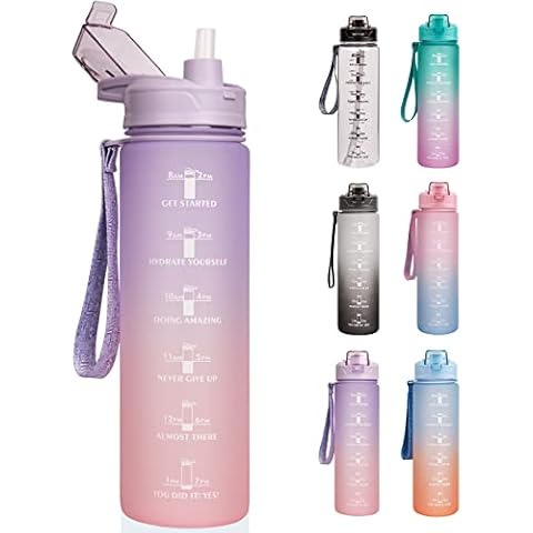 DEARRAY Motivational Sports Water Bottle1 Litre with Straw and Time Marks, BPA Free Drink Bottles for Cycling, Fitness, Gym, Yoga, Hiking (Pink / Violet) Cover