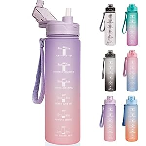 DEARRAY 1 liter / 1l Sport Waterfles met Rietje 1000 ml BPA vrij Motiverende Drinkfles met Tijd Marker voor Fitness, Fietsen, Kamperen, School (Roze / Violet)