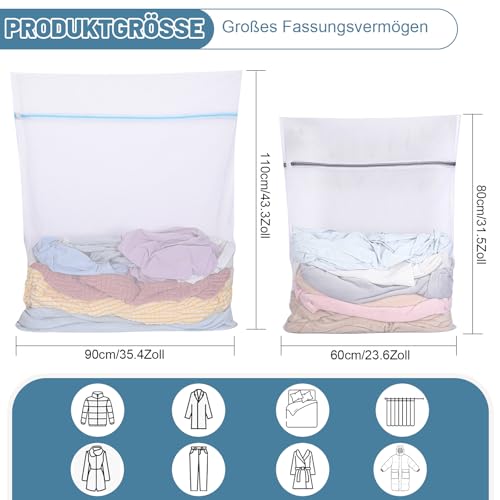 Dntorx 2 Stück Wäschenetz Groß, Wiederverwendbar Wäschenetz für Waschmaschine Große Wäschesack Waschmaschine mit Reißverschluss für Hemden Pullover Mäntel Hosen (XXL 60x80cm, XXXL 90x110cm)