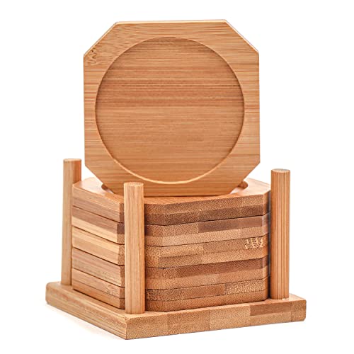 Trademark Innovations Porta-copos quadrados de 8,89 cm 100% bambu natural – Conjunto de 6 com suport