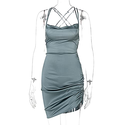 Image of JUMISEE Women Satin Ruched Lace Up Bodycon Mini Dress Sexy Backless Spaghetti Strap Party Dress for Cocktail Clubwear