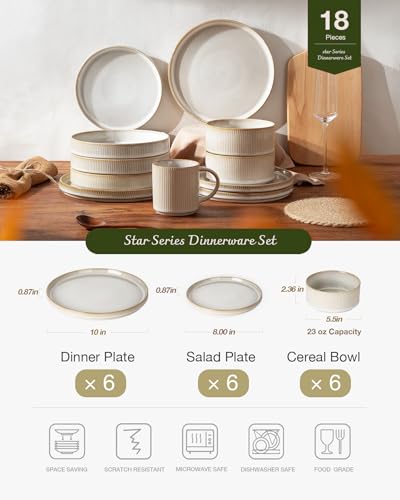 Image of Famiware Star Plates and Bowls Sets, Modern Stoneware Dinnerware Sets for 6, 18-Piece Kitchen Dish Set - Chip and Scratch Resistant, Microwave and Dishwasher Safe Tableware, Cappuccino White