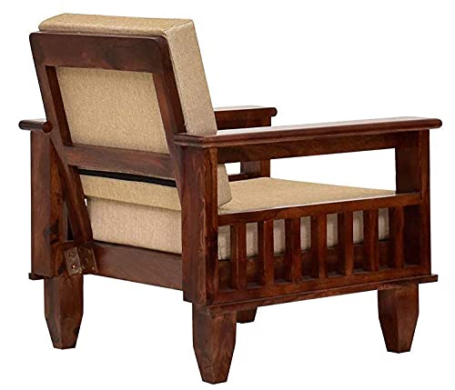 Image of Solid Sheesham Wood Single Seater Sofa with Pocket Storage | Multipurpose Wooden 1 Seater Sofa Chair with Cushion for Living Room, Home & Office (Honey Finish) | 1 Year Warranty