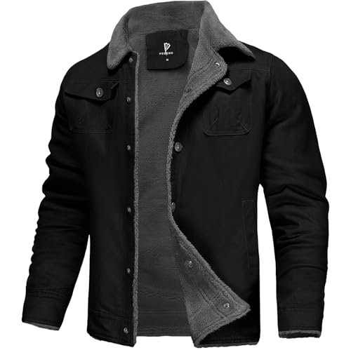 PEGENO Men's Cotton Cargo Jackets Winter Sherpa Lined Fleece Jackets Trucker Jacket
