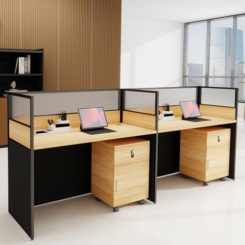Office Cubicle Desks, Cubicle Desks Workstation with Mute Partitions & Cabinet, Office Cubicles Desk with Cable Management, Modular Computer Table for SOHO Home School(2P - Side By Side, With Cabinet)