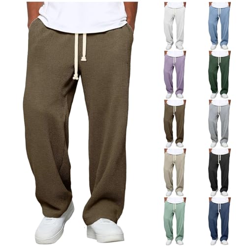 Waffle Pants for Men Textured Knit Drawstring Casual Trousers Oversized Loose Lightweight Comfort Jogger Sweatpants