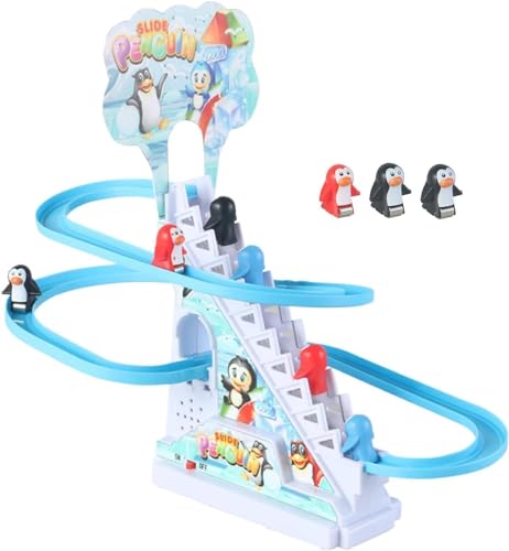 TEC TAVAKKAL Penguins Slide Toy Set, Funny Automatic Stair-Climbing Penguins Cartoon Race Track Set Little Lovely Penguins Slide Toy Escalator Toy with Lights and Music (Penguins Track Set)