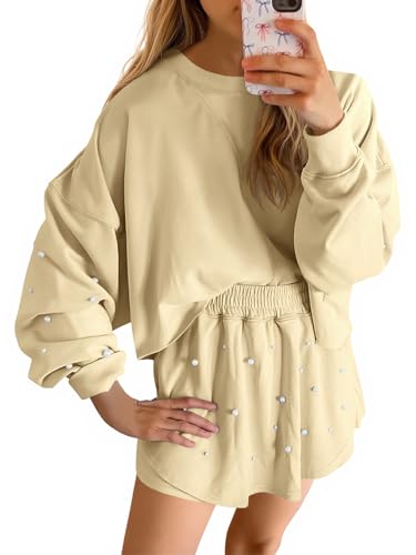 Fisoew Womens Lounge Sets 2 Piece Outfits Decor Pearl Long Sleeve Sweatshirt Skort Skirt Tracksuits Shorts Sets
