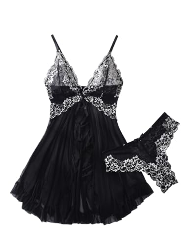 Image of Foxiny Sexy Ruffle Sheer Mesh Lace Wireless Babydoll Lingerie Dress with Thong 2 Piece