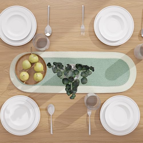 Image of Encasa XO Table Runner for 4 Seater | Handmade Ribbed Style Cotton | 30x91 cm | Sage & Off White | for Dining & Center Table