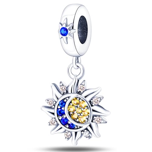 NUJIFFY Abalorio de plata de ley 925 para pulseras, collares, colgante solar de estrella, luna, luna creciente, sol, estrella de mar, conchas de mar azul, tortuga, cangrejo, mar estrellado, joyería
