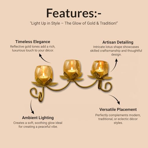 Image of MARKET 99 Metal + Glass 3 Votive T-Light Holder | Elegant Lotus-Shaped Candle Holder for Christmas, Diwali & Wedding Decor | Decorative Tealight Stand for Home, Festive & Gifting Use - Golden