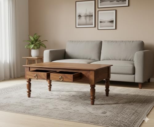 Image of MISAN Solid Sheesham Wood Coffee Table - Elegant Center Table with Two Spacious Drawers | Sturdy & Stylish Wooden Furniture for Home & Living Room (A - Natural Hony)
