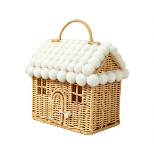Winter Cottage Shaped Christams Decorative Basket W/Fluffy Balls Roof - image 7