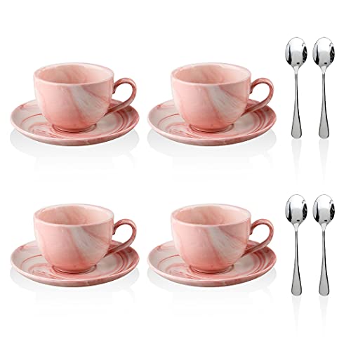 Yelife Keramik-Espresso-Tassen - Demitasse-Tassen und Untertassen, Set mit 4 Espressolöffeln, Porzellan-Cappuccinotassen für Latte, Kaffee, Tee, Mokka (rosa marmoriert) Cover